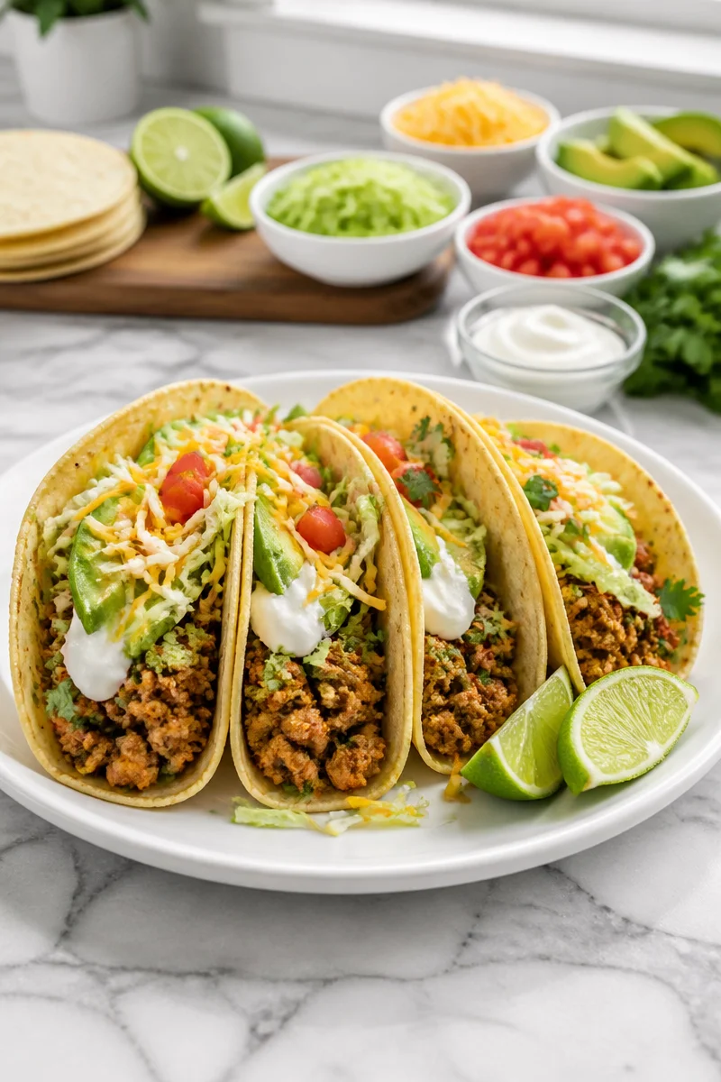 Quick ground turkey tacos topped with fresh salsa on a plate