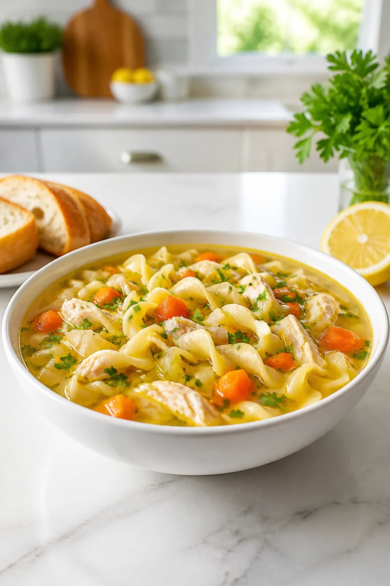 Quick stovetop chicken noodle soup in a bowl with vegetables and noodles.