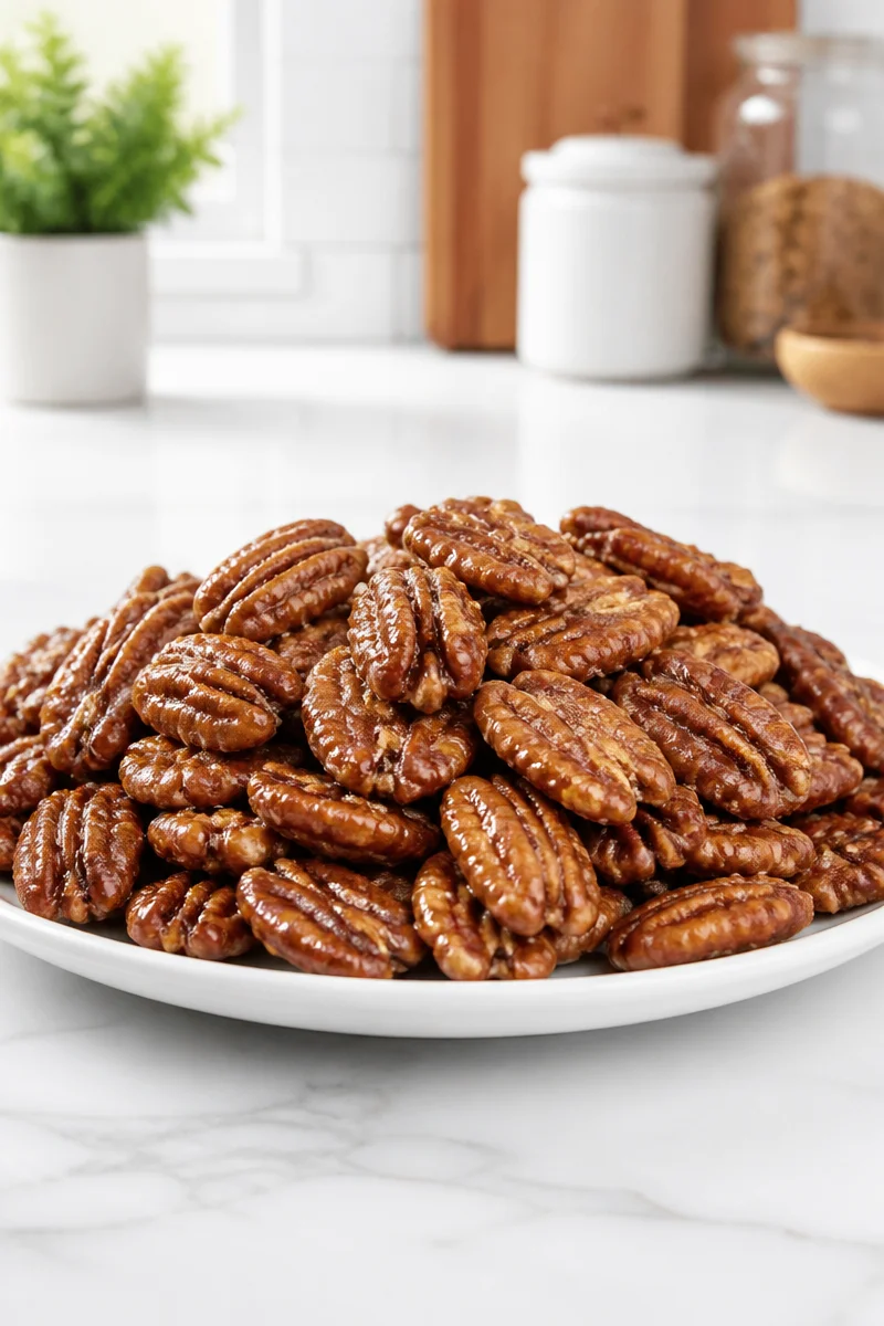 Bowl of quick stovetop glazed pecans with cinnamon