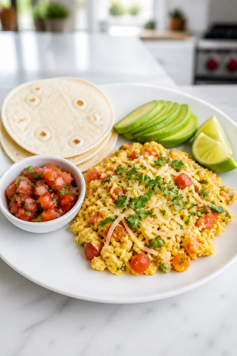 Delicious Migas Breakfast Tacos with eggs and tortilla on a plate