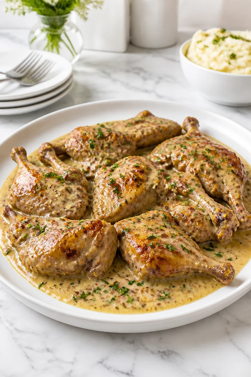 Delicious rabbit braised in creamy mustard sauce served on a plate
