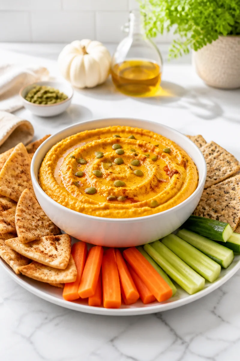 Delicious roasted pumpkin hummus dip served in a bowl with fresh veggies.