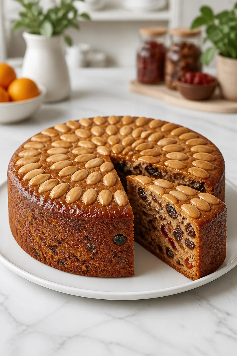 Traditional Scottish Dundee Cake topped with almonds and rich fruit