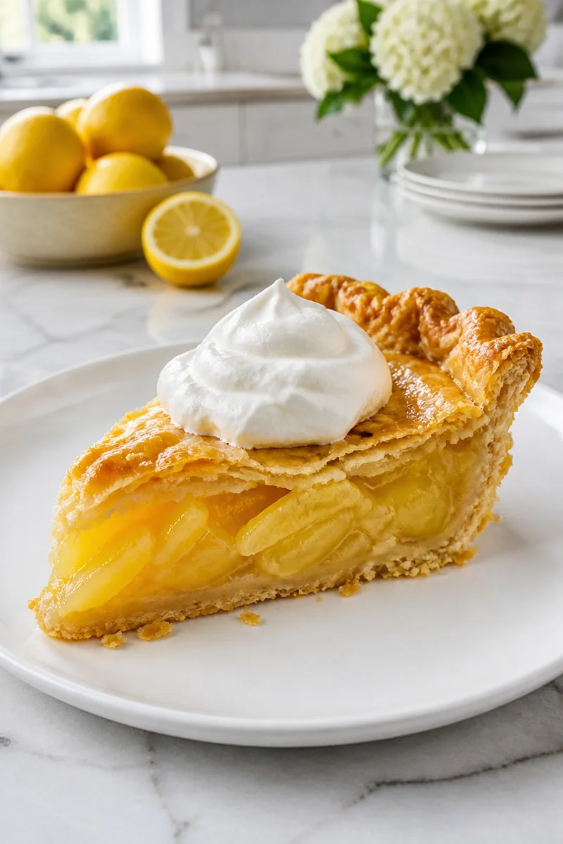 Delicious Shaker Lemon Pie topped with whipped cream on a rustic table.