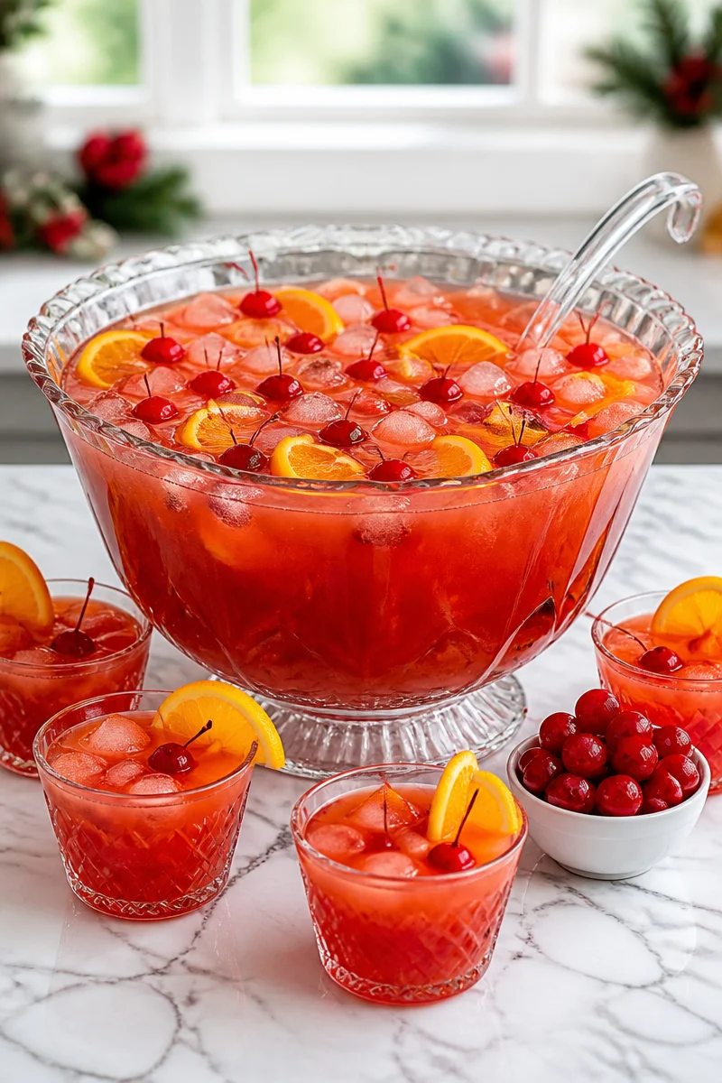 Festive Shirley Temple Party Punch served in a glass with garnishes.