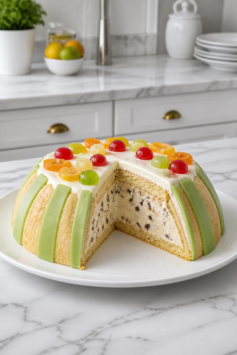 Sicilian Cassata Cake decorated with ricotta cream and colorful marzipan.