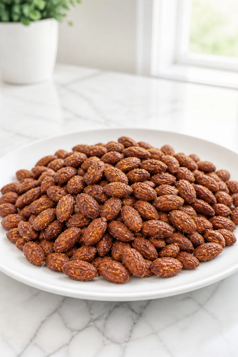 Tray of homemade cinnamon roasted almonds ready to eat.