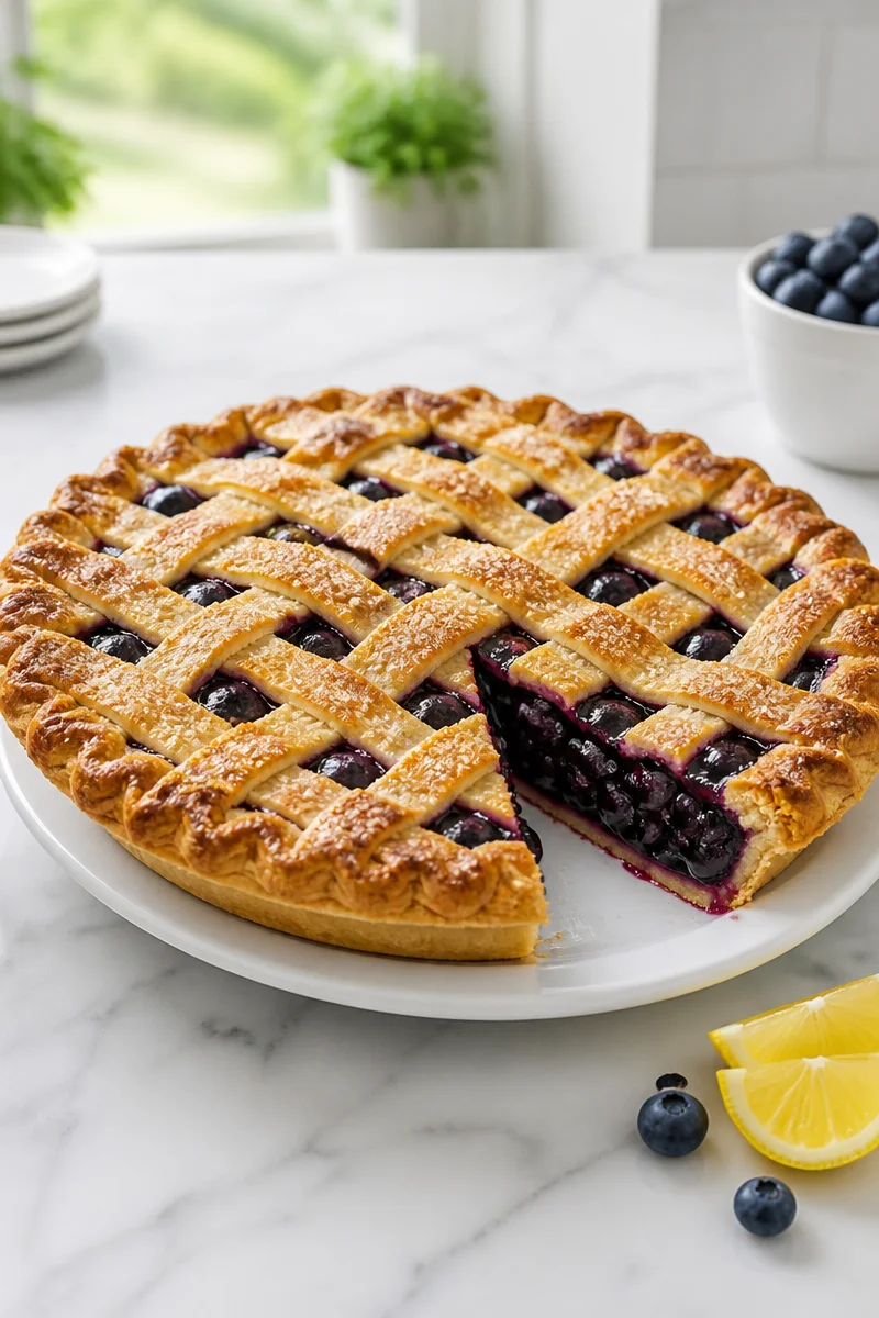 Homemade blueberry pie with fresh blueberries and flaky crust