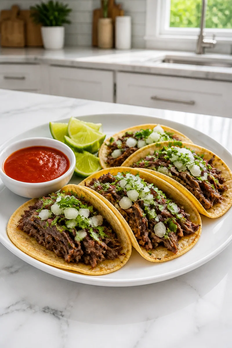 Slow cooker beef barbacoa tacos served with fresh toppings