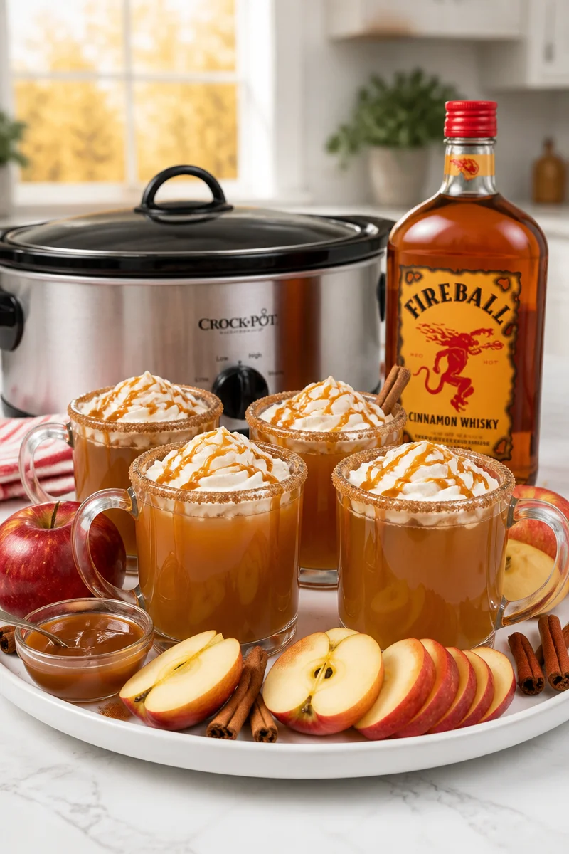 Slow cooker caramel fireball apple cider in a glass with cinnamon stick