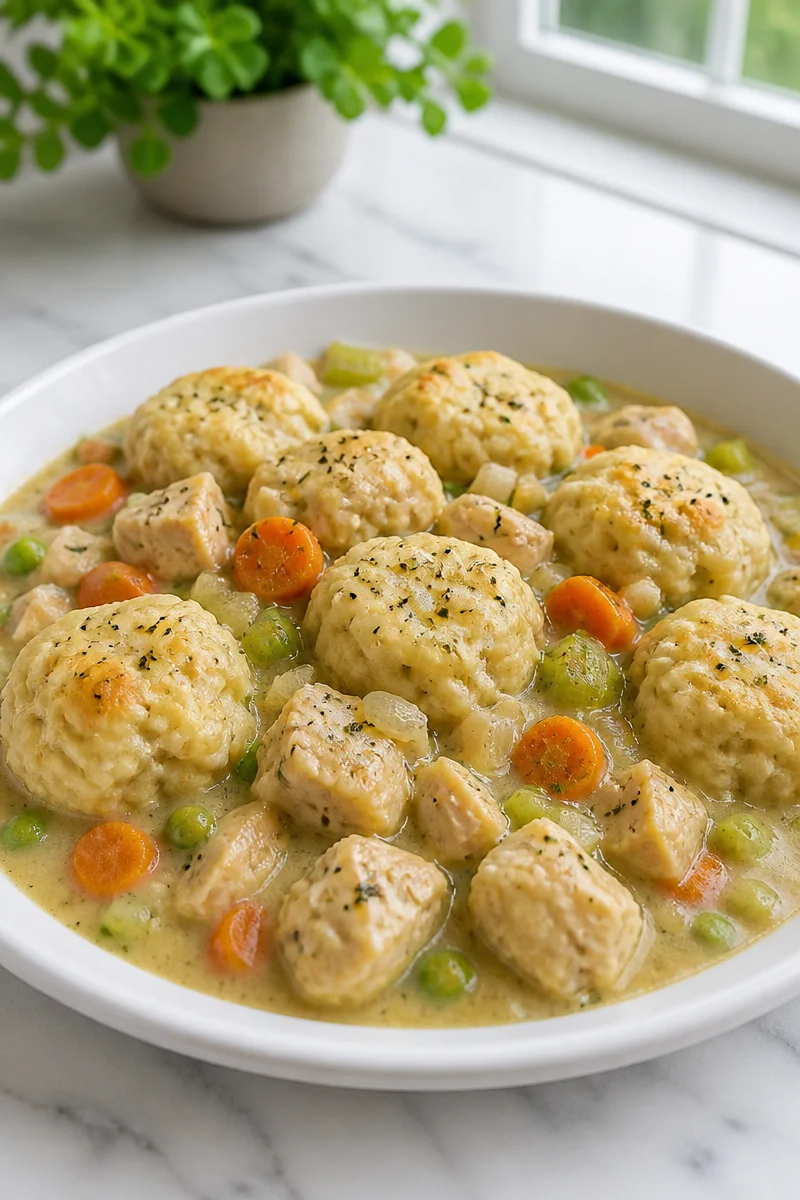 Slow cooker chicken and dumplings in a bowl, garnished with herbs.