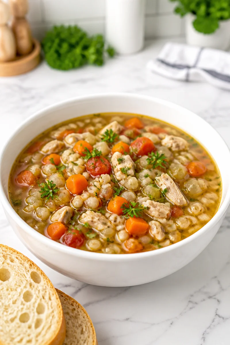 Bowl of slow cooker turkey barley soup with vegetables and herbs