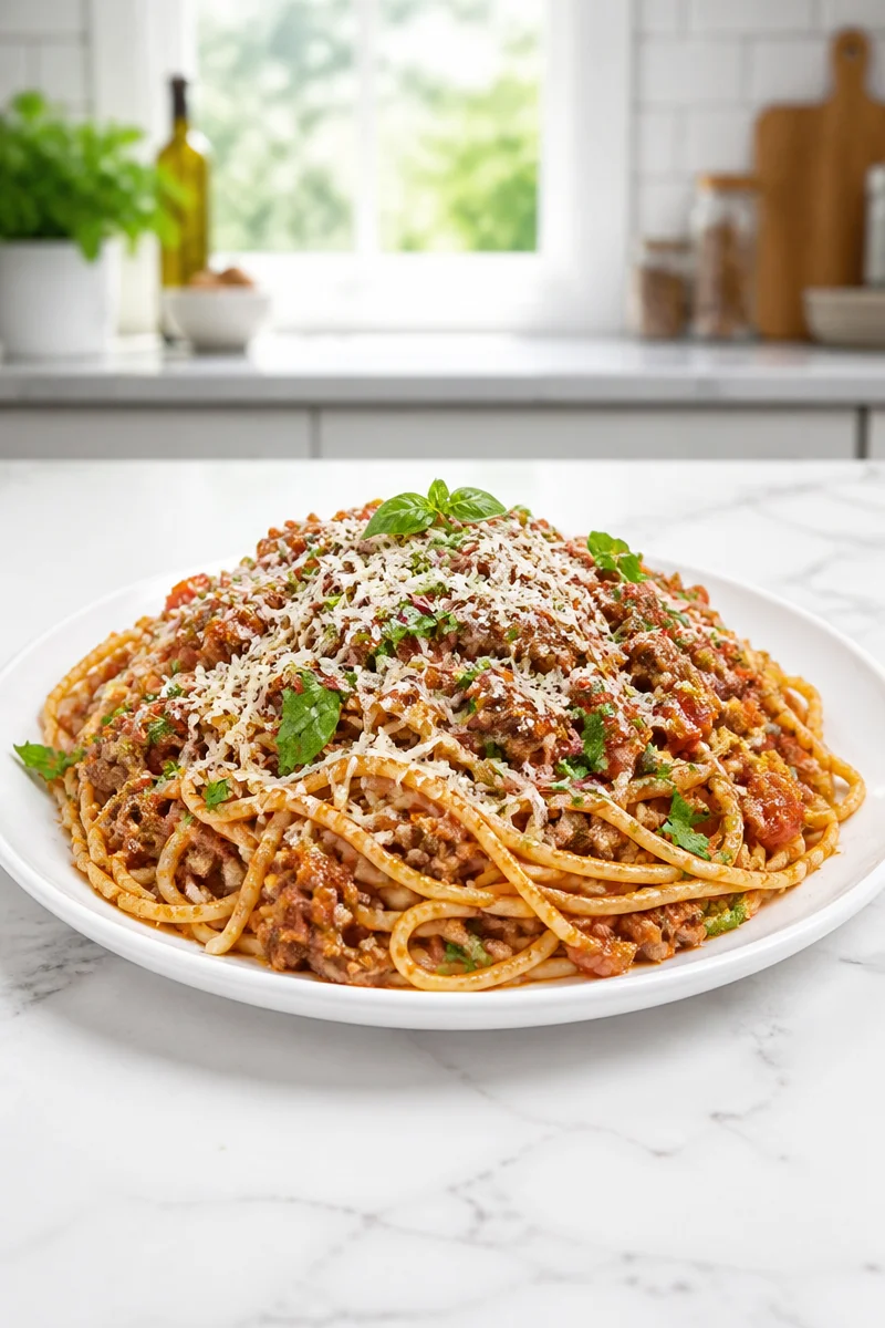 Bowl of traditional spaghetti bolognese sauce with fresh herbs