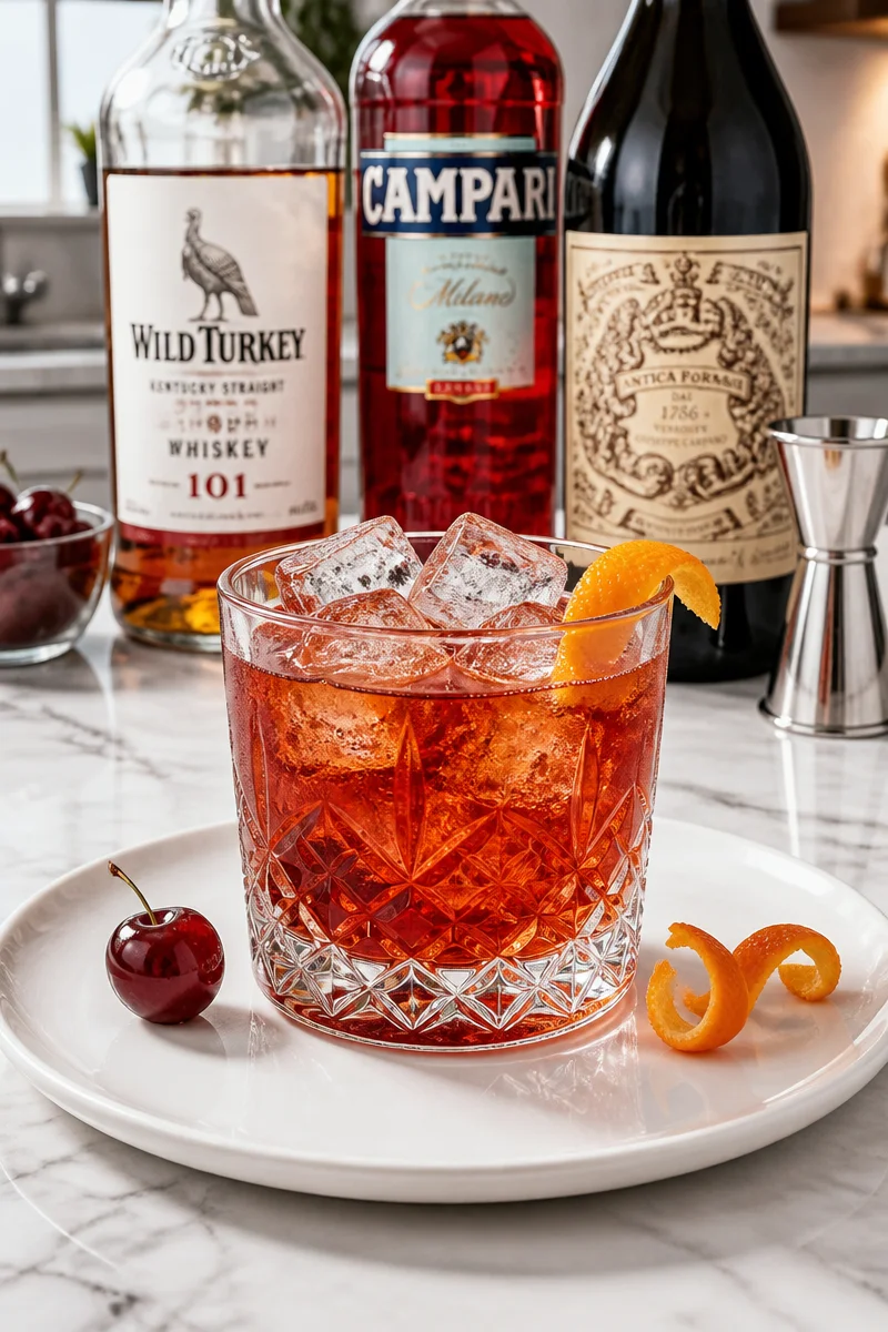 Smooth Bourbon Boulevardier cocktail featuring Campari with a stylish garnish