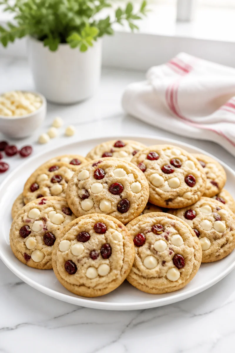 Soft cranberry white chocolate chip cookies on a plate