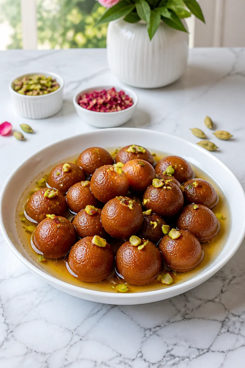 Soft gulab jamun soaked in sweet cardamom syrup on a decorative plate.