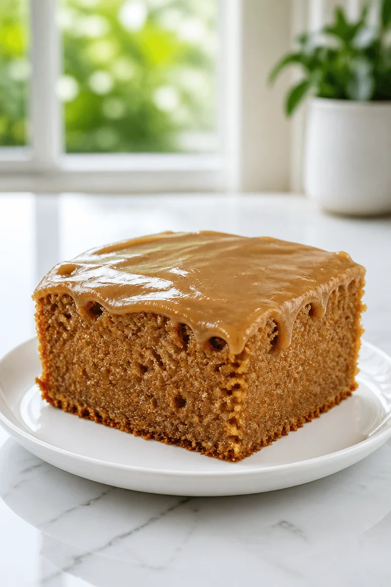 Southern burnt sugar cake topped with icing on a rustic wooden table