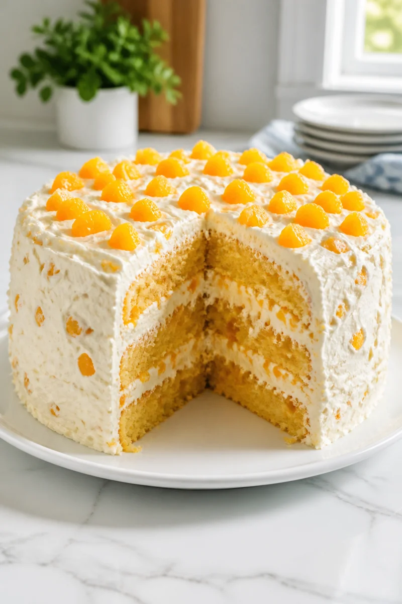 Delicious Southern Mandarin Orange Pig Pickin' Cake slice with vibrant orange flavor