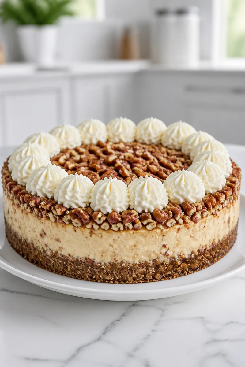 Southern Pecan Cheesecake with Oat Crust, a delicious dessert topped with pecans