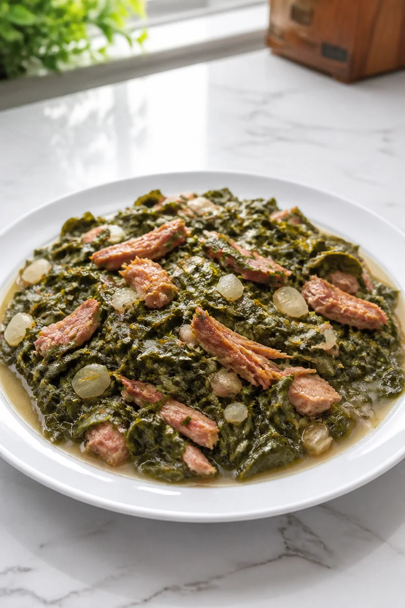 Southern Simmered Turnip Greens with Smoked Turkey in a bowl