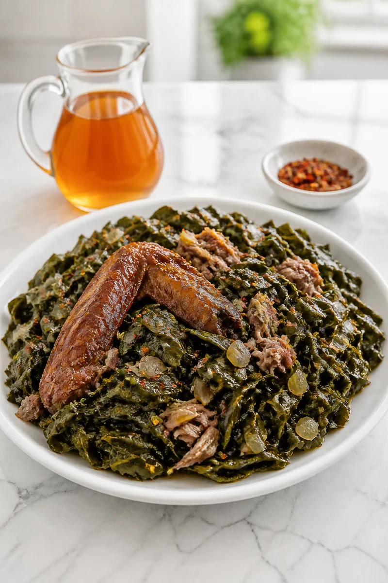 Southern smoked turkey collard greens dish served with cornbread
