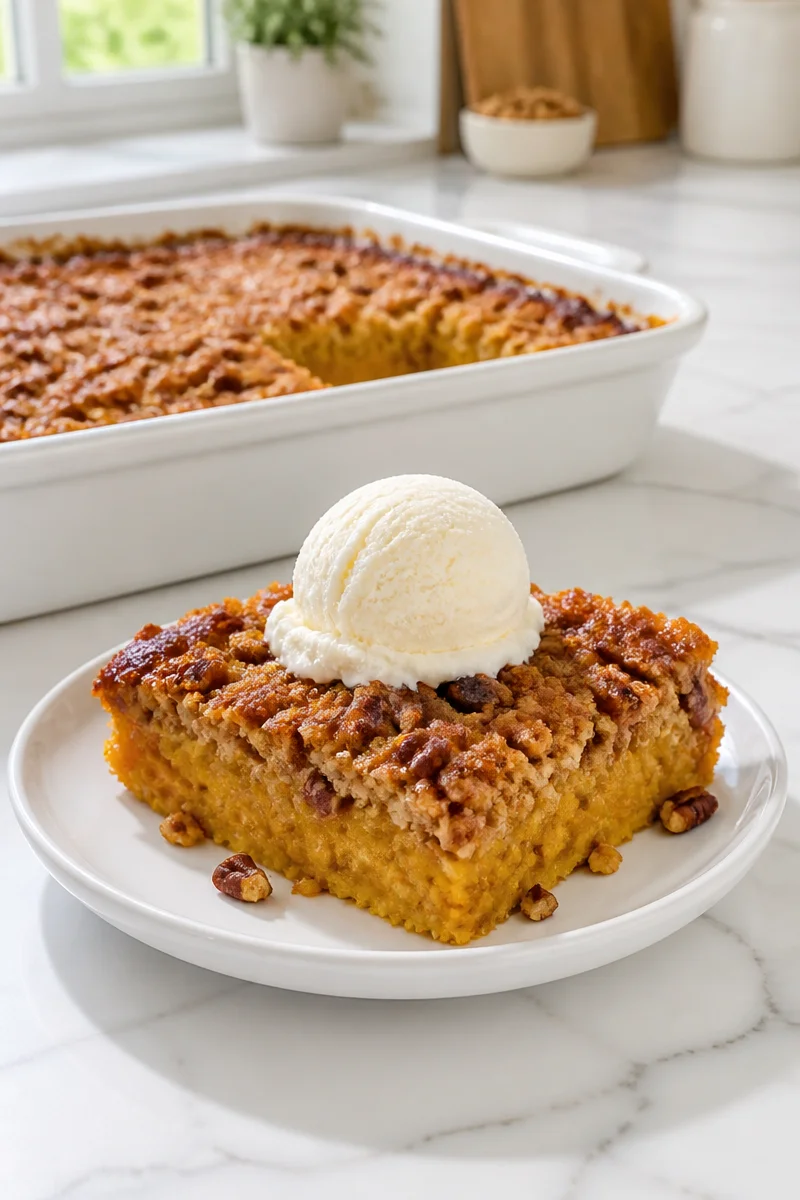 Delicious Southern-style pumpkin cobbler topped with crunchy pecans
