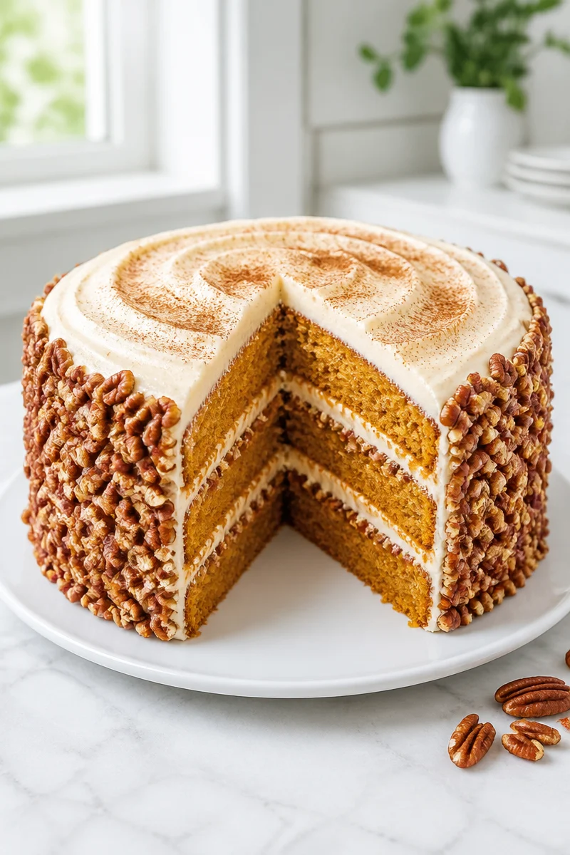 Southern sweet potato cake topped with pecans ready to be served
