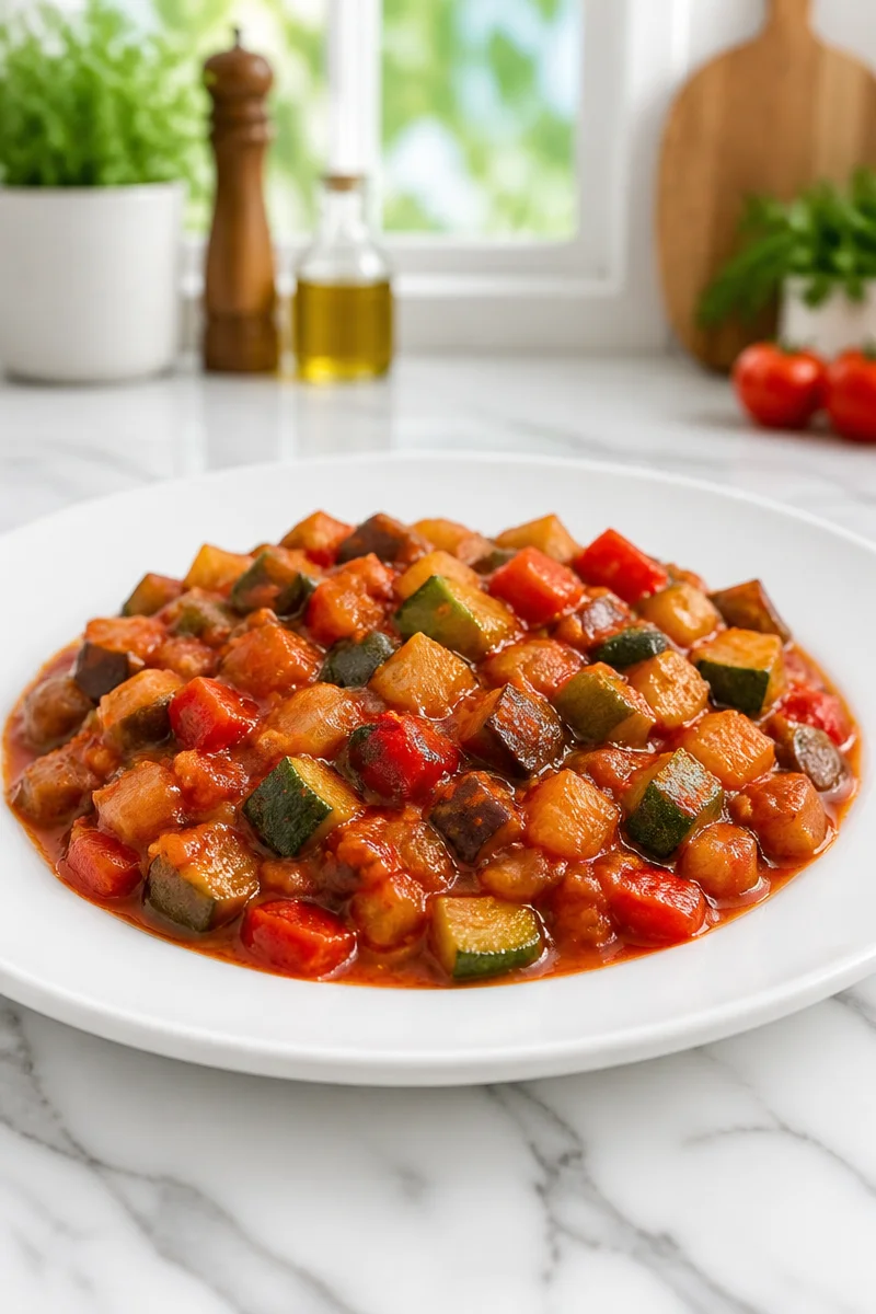 A colorful bowl of Spanish Pisto Manchego vegetable stew with fresh ingredients.