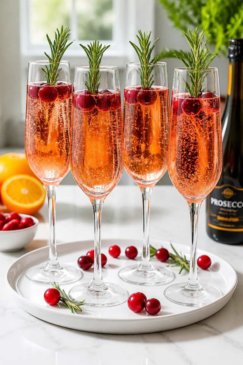 Sparkling Cranberry Prosecco Fizz cocktail topped with fresh cranberries and mint
