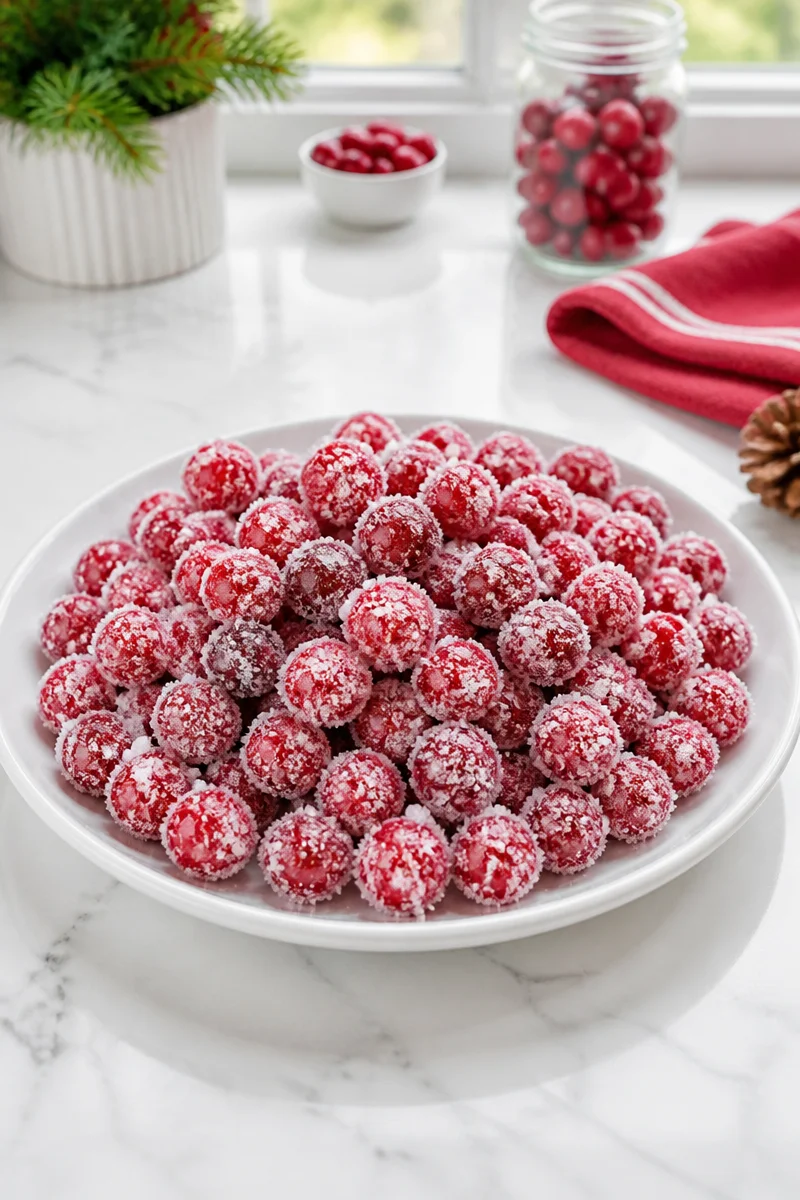 Sparkling sugared cranberries arranged for a festive Christmas display