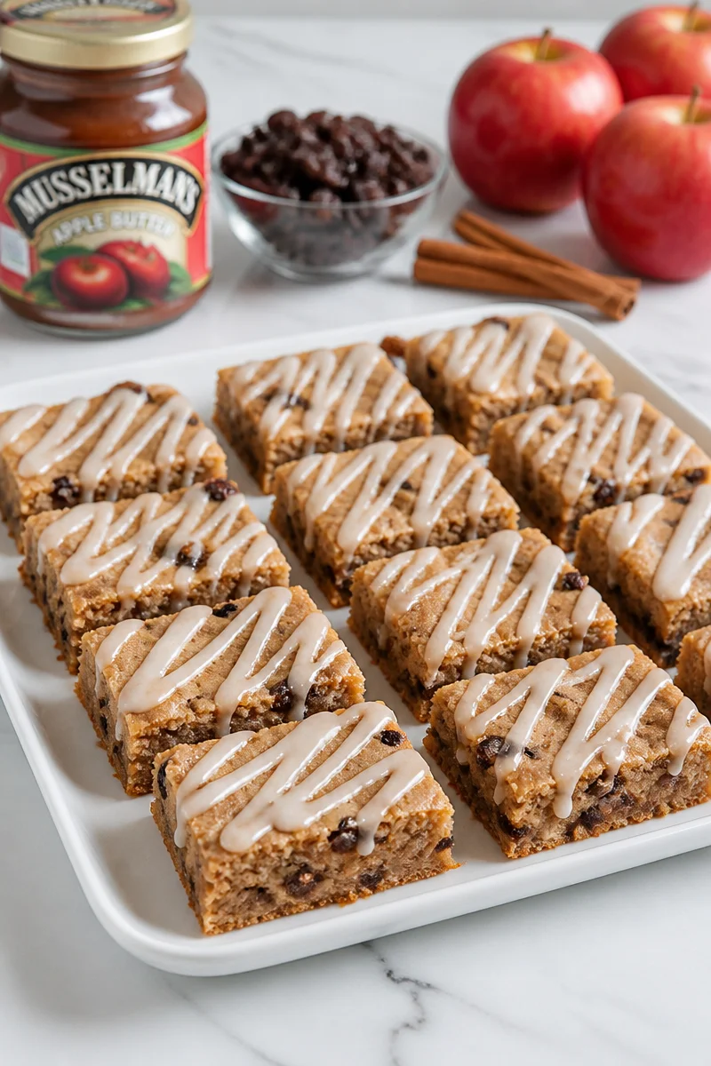 Delicious spiced apple butter bars topped with raisins