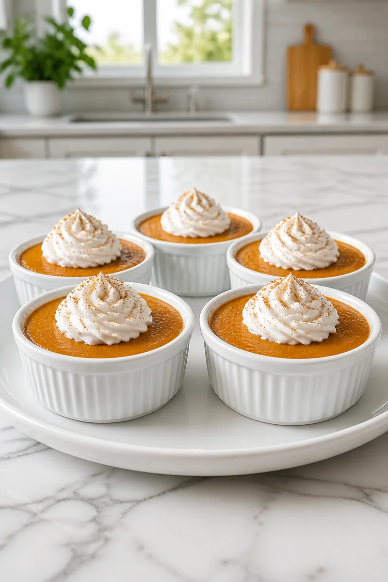 Delicious spiced baked pumpkin pudding cups served in ramekins.