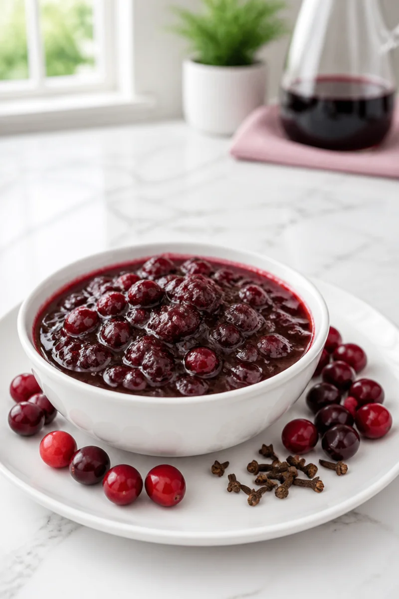 Spiced Cranberry Port Wine Sauce in a serving dish, garnished with herbs.