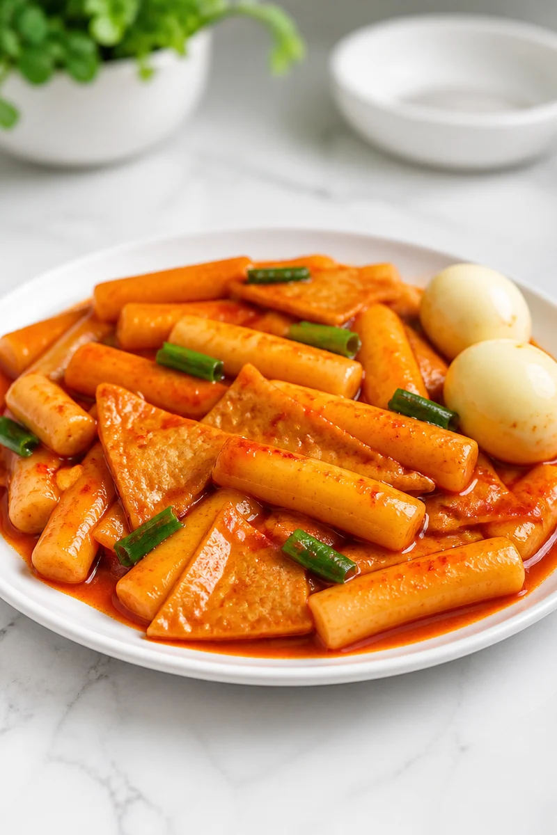 Delicious spicy Korean Tteokbokki rice cakes served with vibrant toppings.