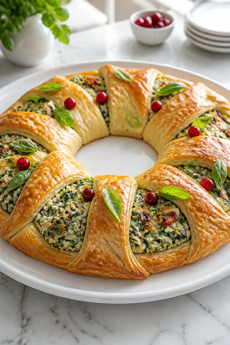 Spinach artichoke puff pastry wreath served on a platter
