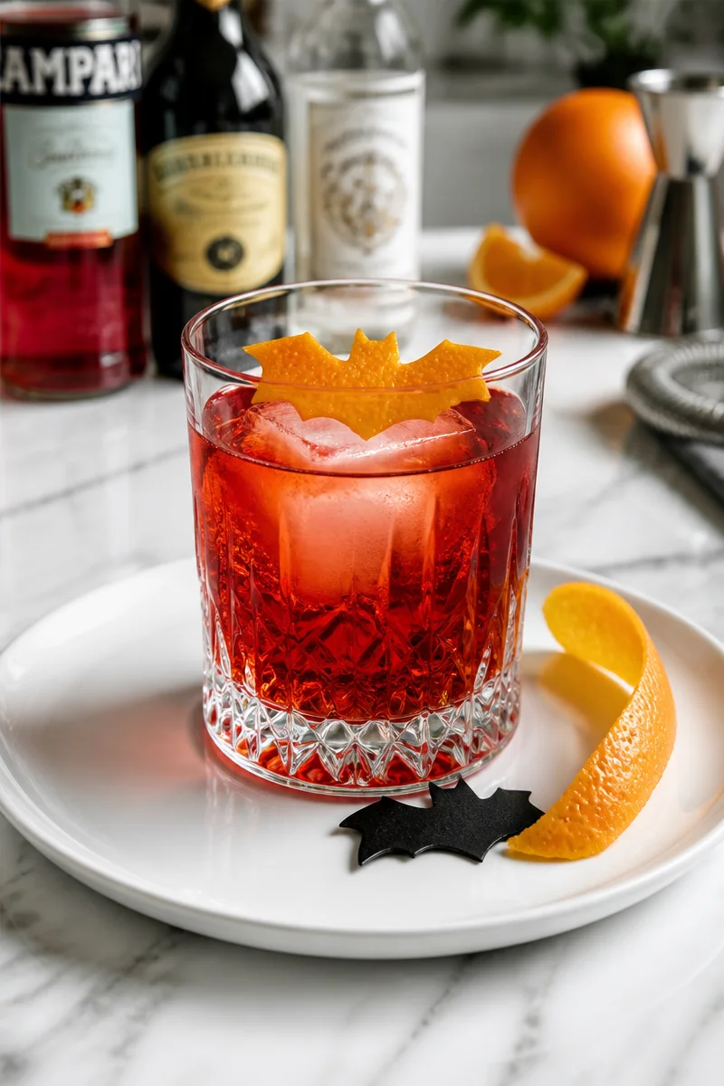 Spooky Halloween Negroni cocktail garnished for a festive occasion