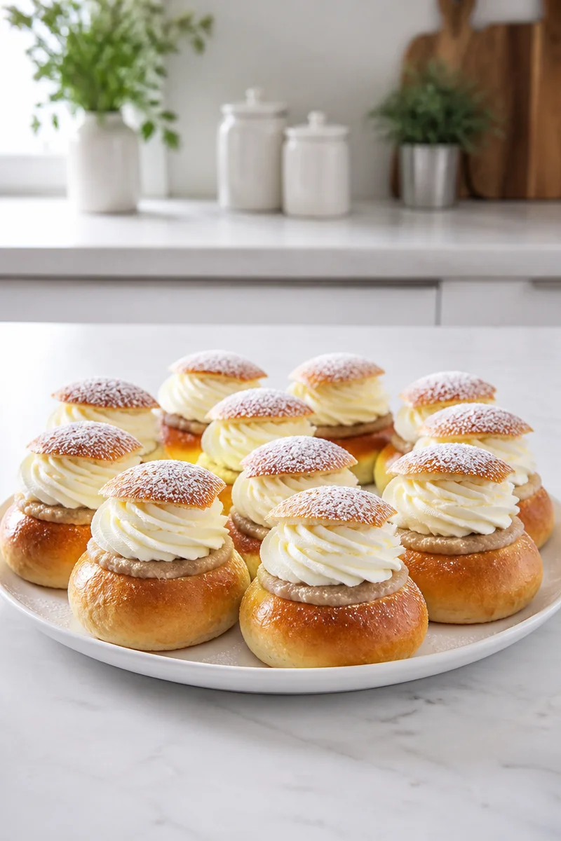 Delicious Swedish Semla Cardamom Cream Buns topped with powdered sugar.