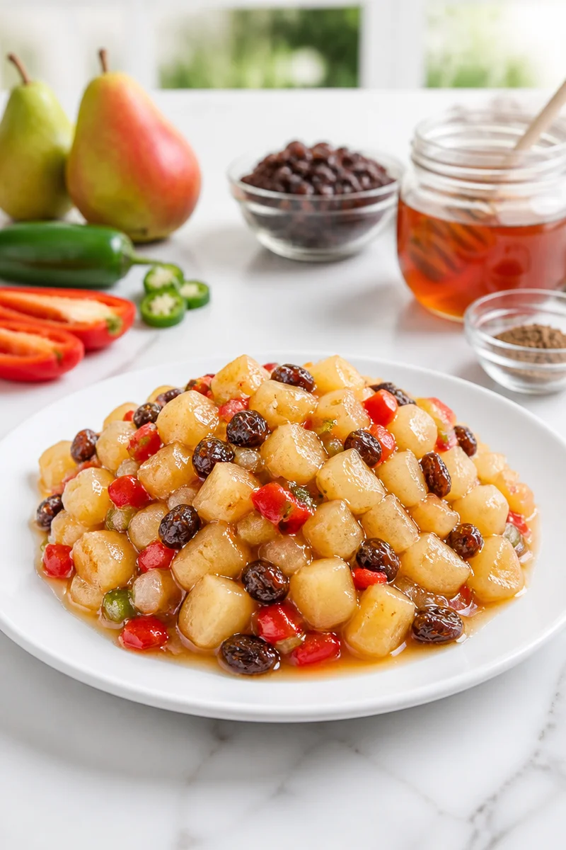 Sweet and spicy pear chutney jar with fresh pears and spices