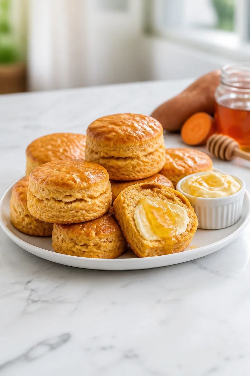 Picture of sweet potato biscuits topped with honey butter on a rustic plate.