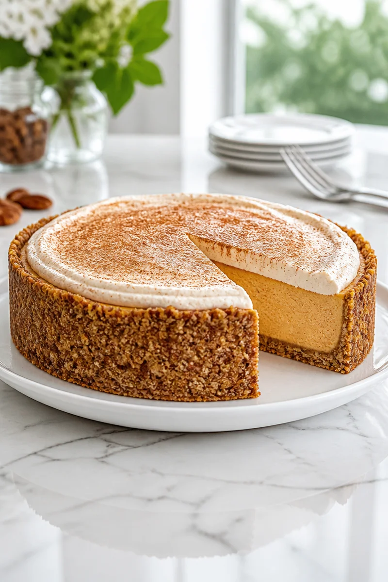 Delicious Sweet Potato Cheesecake with Pecan Crust on a decorative plate.