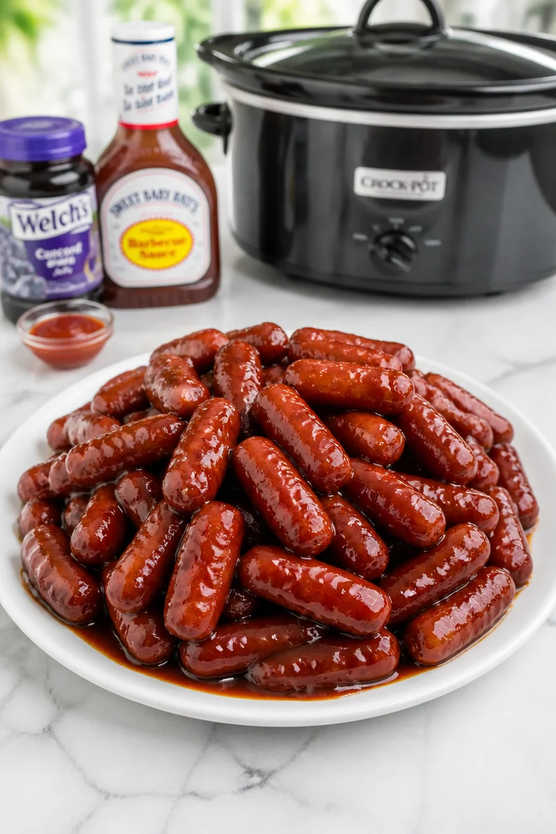 Delicious Sweet Smoky Slow Cooker Little Smokies served on a platter.