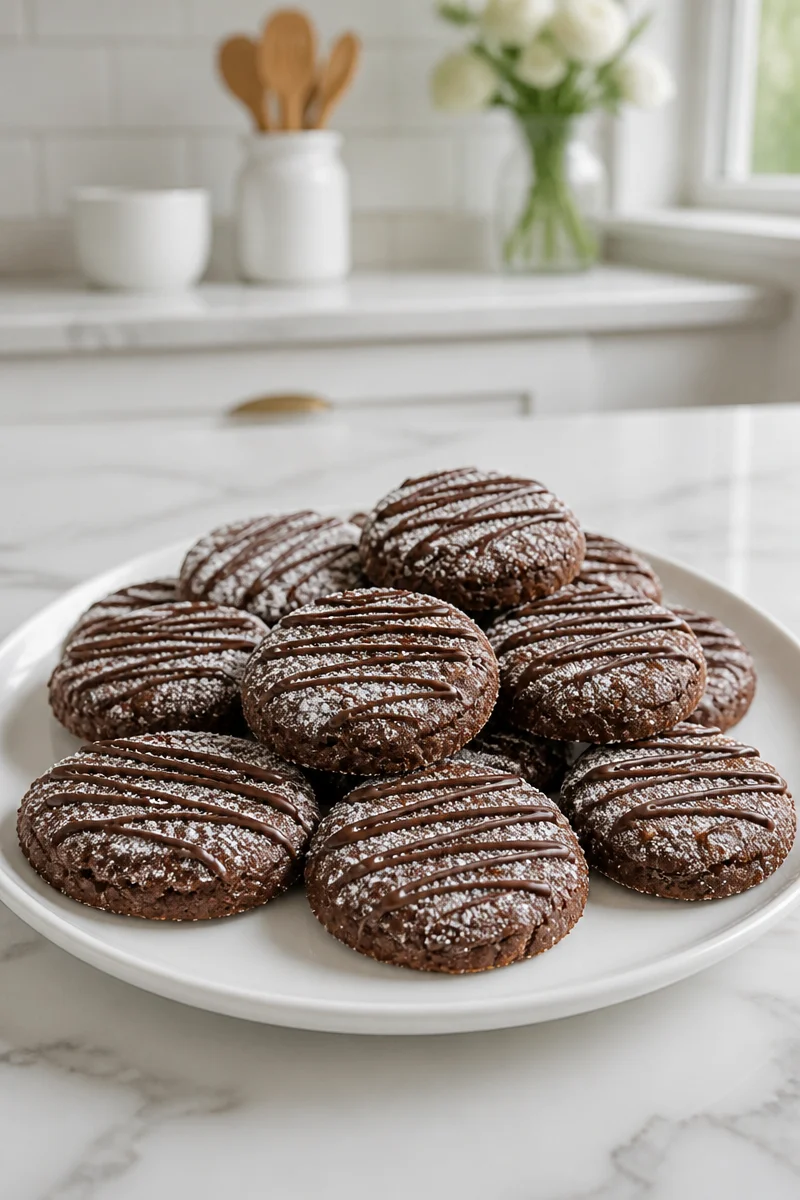Swiss Brunsli chocolate almond cookies topped with powdered sugar
