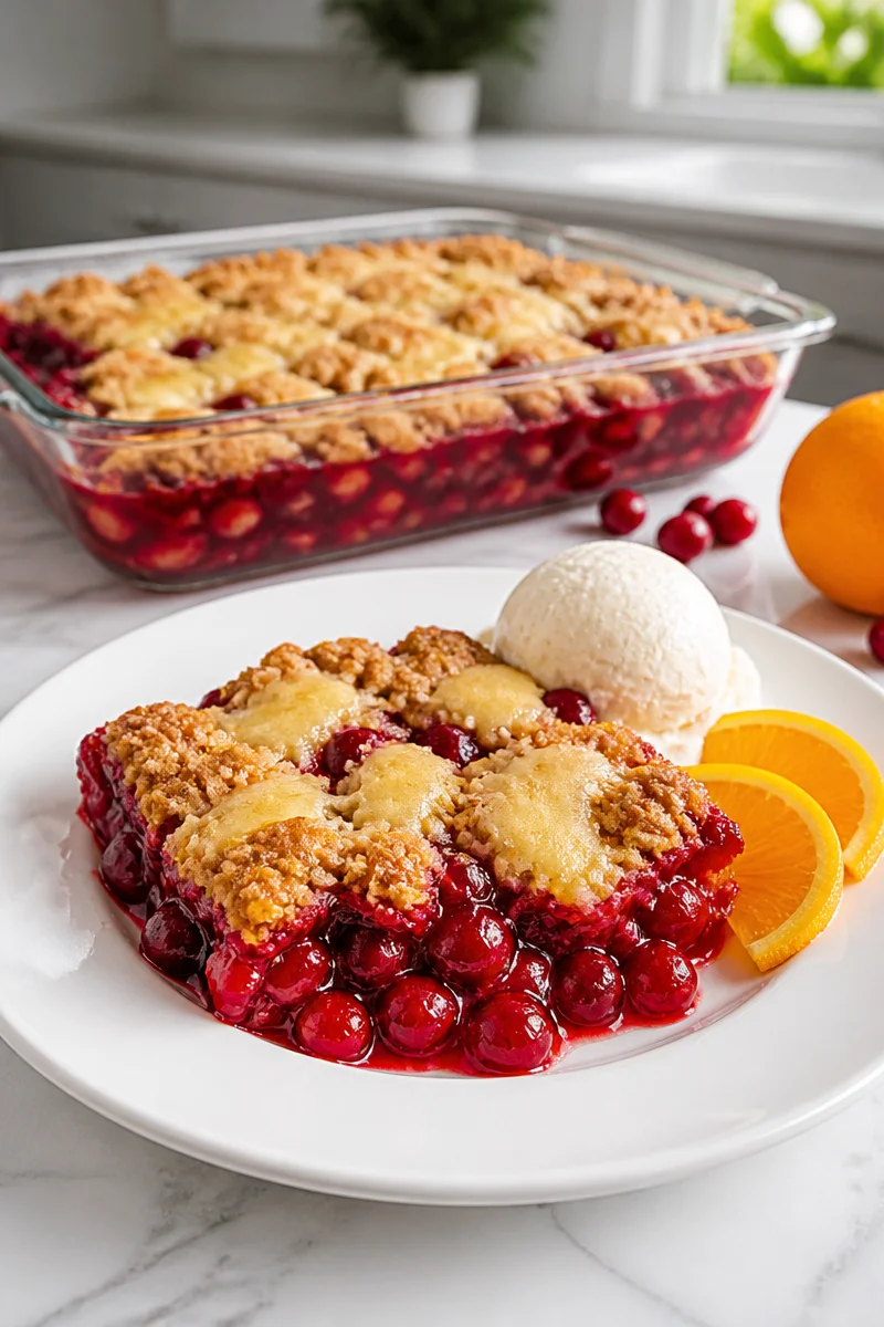 Tart cranberry cobbler dessert topped with orange zest.