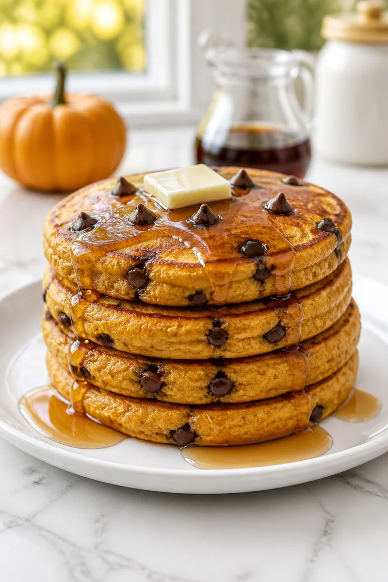 Delicious thick and fluffy pumpkin pancakes served with maple syrup.