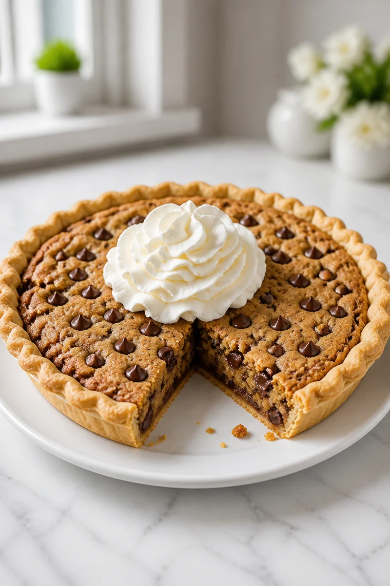 Toll House chocolate chip cookie pie served warm with chocolate chips and vanilla ice cream