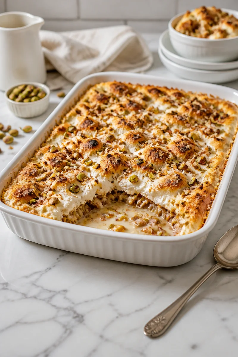 Traditional Egyptian Umm Ali pastry dessert topped with nuts and raisins.
