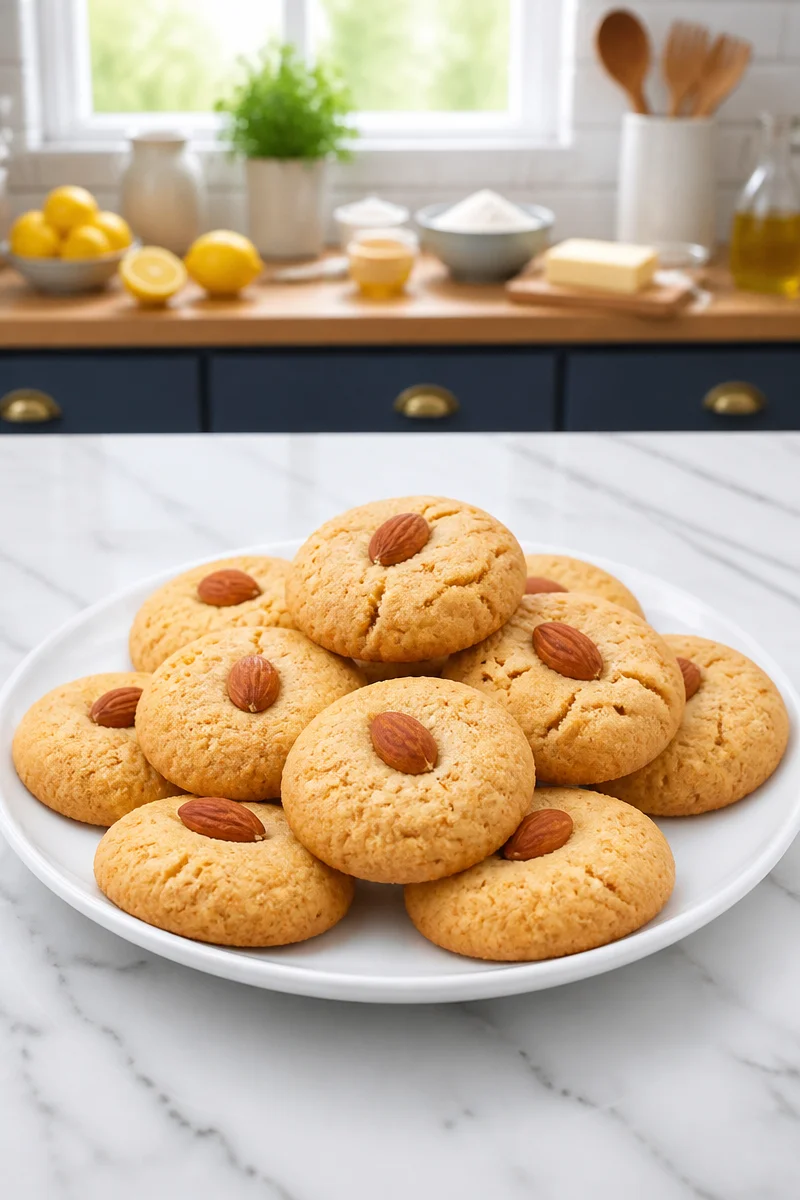Plate of traditional Spanish mantecados shortbread cookies with powdered sugar.