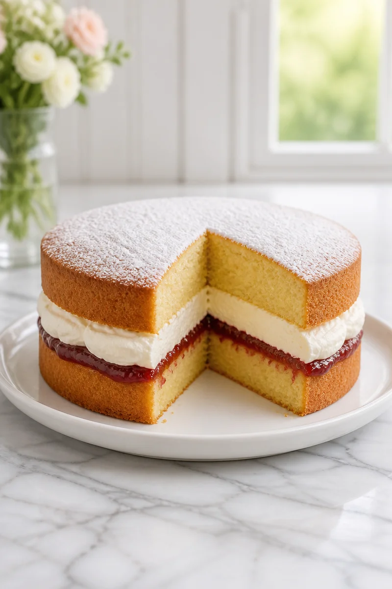 Traditional Victoria Sponge Cake with cream layers and strawberry jam filling.