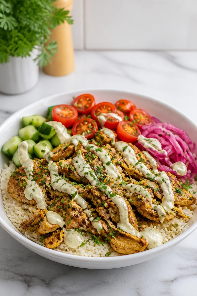 Turkey Shawarma Spiced Rice Bowl with vibrant ingredients in a colorful presentation.