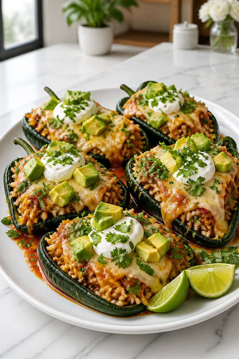 Turkey stuffed poblano pepper bowl garnished with fresh herbs and spices